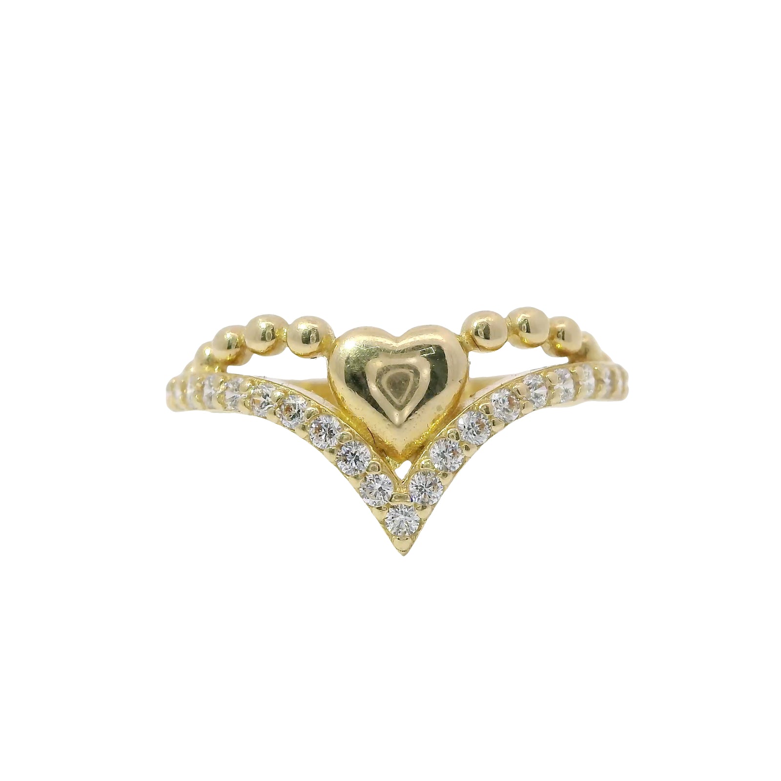 14KT Gold Ring Women's Solid Heart Beaded Necklace Center with Lower White CZ Stone Chevron Band