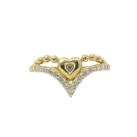 14KT Gold Ring Women's Solid Heart Beaded Necklace Center with Lower White CZ Stone Chevron Band