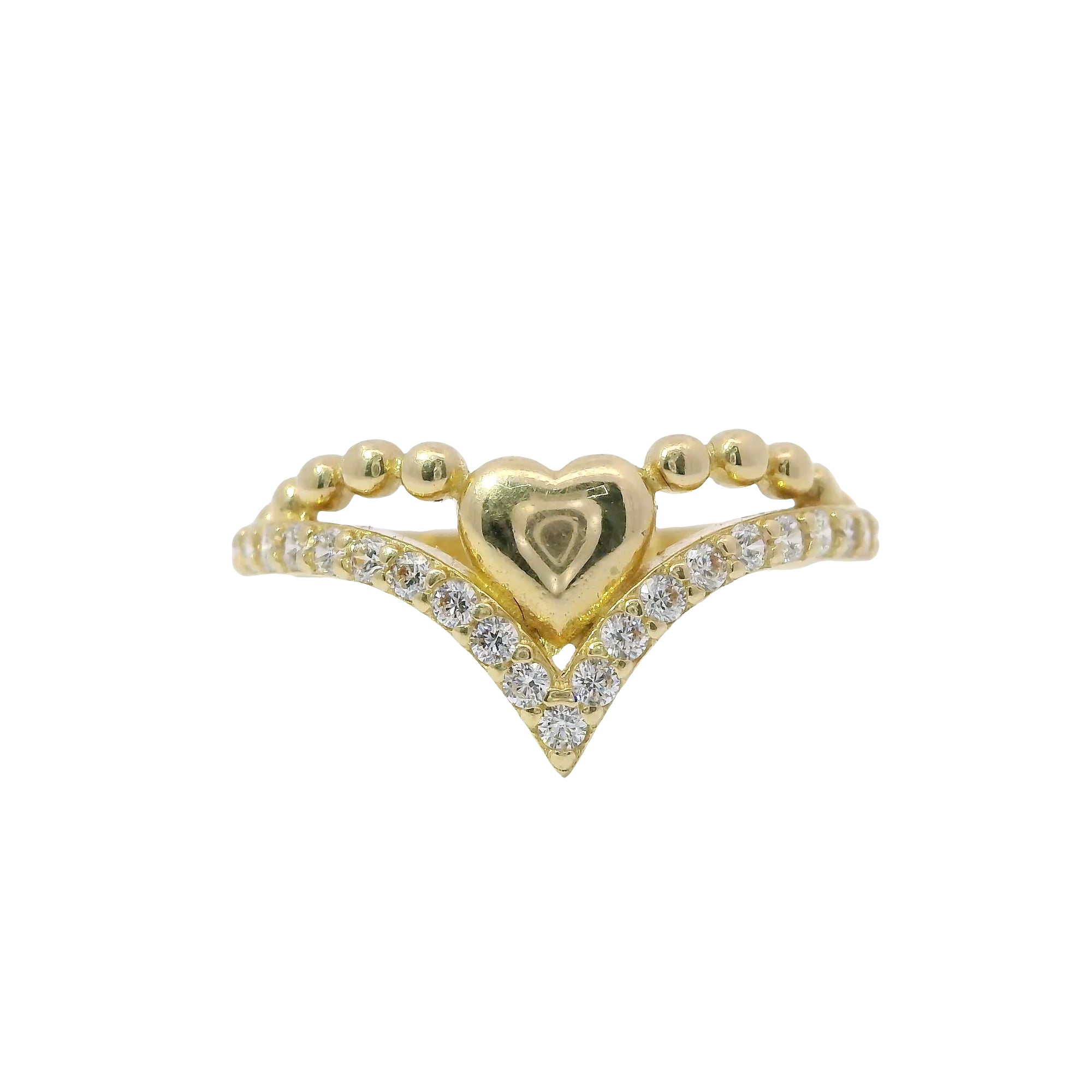 14KT Gold Ring Women's Solid Heart Beaded Necklace Center with Lower White CZ Stone Chevron Band