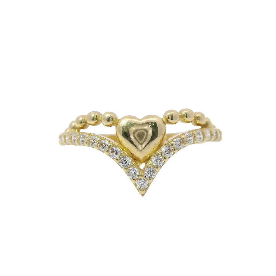 14KT Gold Ring Women's Solid Heart Beaded Necklace Center with Lower White CZ Stone Chevron Band