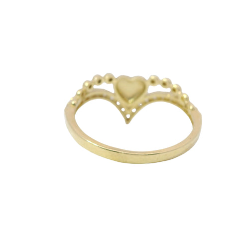 14KT Gold Ring Women's Solid Heart Beaded Necklace Center with Lower White CZ Stone Chevron Band
