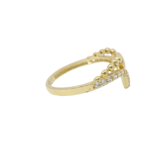 14KT Gold Ring Women's Solid Heart Beaded Necklace Center with Lower White CZ Stone Chevron Band
