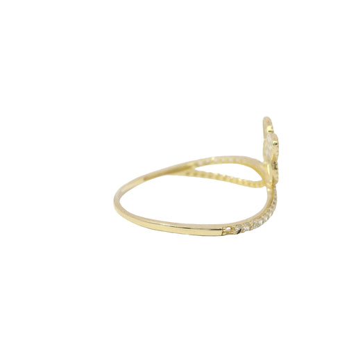 14KT Gold Ring Women's Light Weight White CZ Stones Clover Ballon Beaded Bypass Band