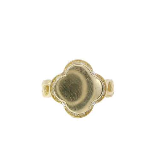 14KT Gold Ring Women's Engravable Clover Center with White CZ Stones Edge and Chino Link Band