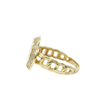 14KT Gold Ring Women's Engravable Clover Center with White CZ Stones Edge and Chino Link Band