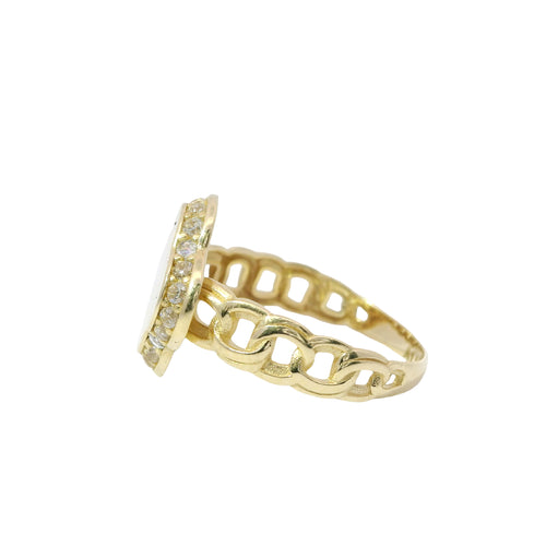 14KT Gold Ring Women's Engravable Clover Center with White CZ Stones Edge and Chino Link Band