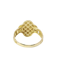 14KT Gold Ring Women's Engravable Clover Center with White CZ Stones Edge and Chino Link Band