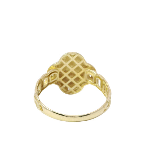 14KT Gold Ring Women's Engravable Clover Center with White CZ Stones Edge and Chino Link Band