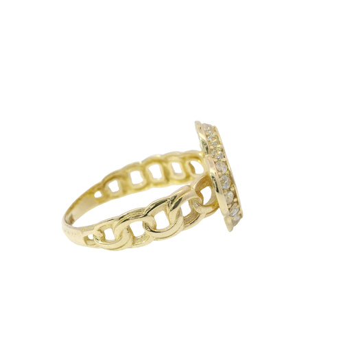 14KT Gold Ring Women's Engravable Clover Center with White CZ Stones Edge and Chino Link Band