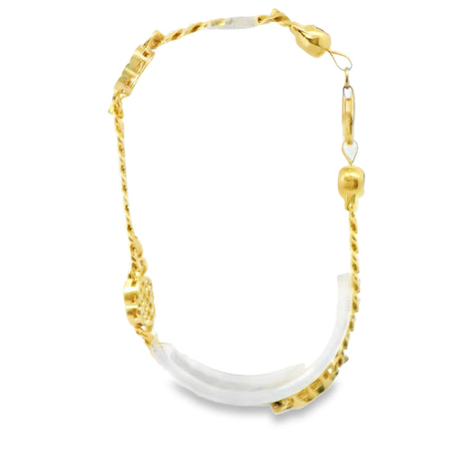 14KT Gold Bracelet Three Charm Sunray Heart with White CZ Stones Border and White CZ Stone End Cuban Link Lobster Clasp Band