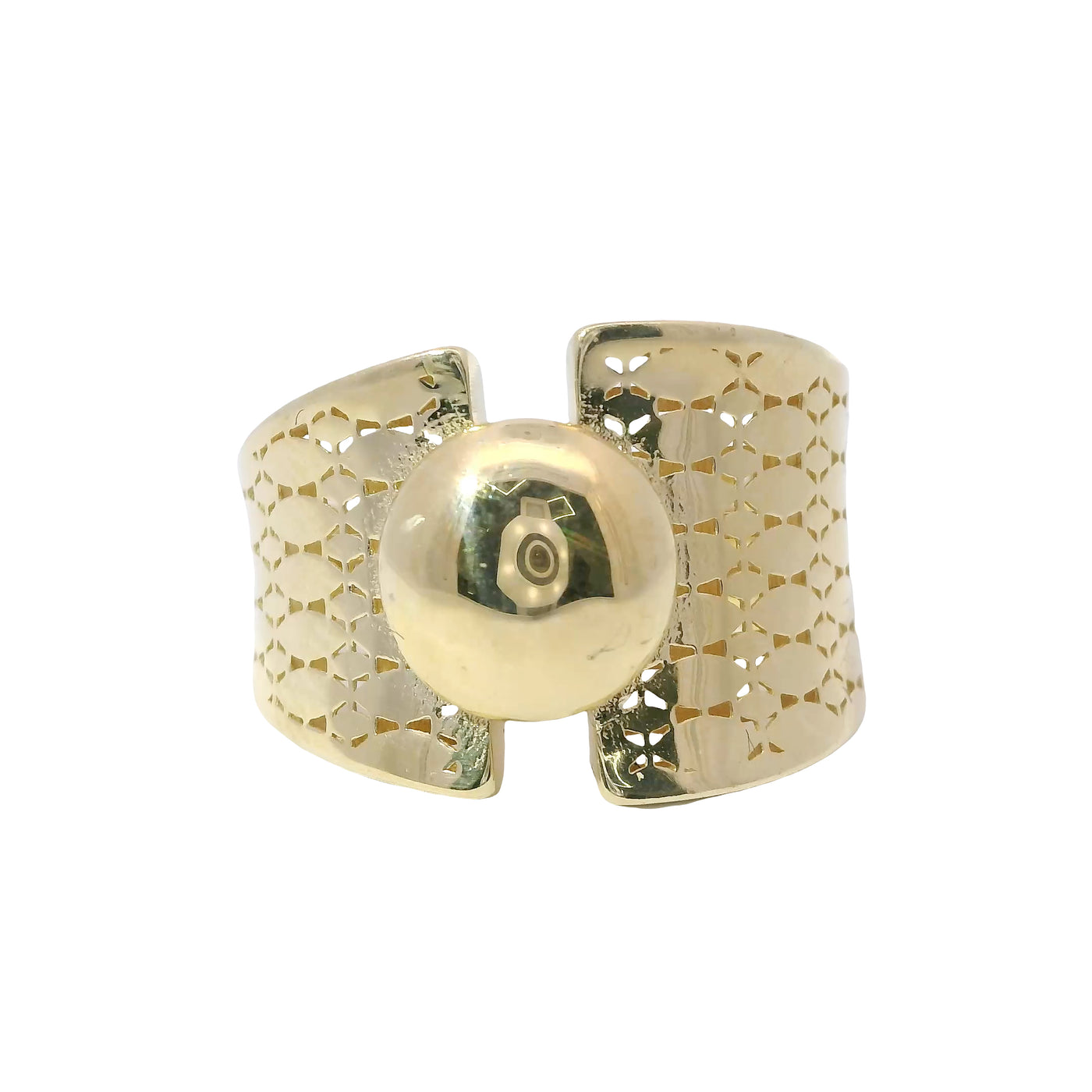 14KT Gold Ring Women's Single Bubble Dot Center with Asymmetrical Top Split Band and Triangle Lattice Cutouts on Band