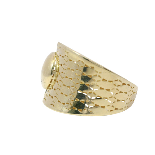 14KT Gold Ring Women's Single Bubble Dot Center with Asymmetrical Top Split Band and Triangle Lattice Cutouts on Band