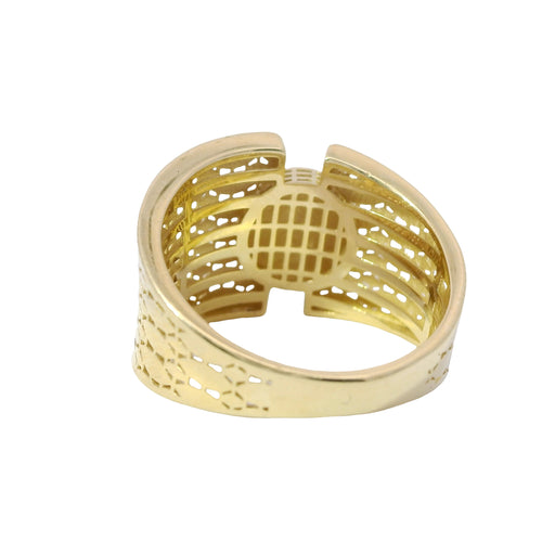 14KT Gold Ring Women's Single Bubble Dot Center with Asymmetrical Top Split Band and Triangle Lattice Cutouts on Band