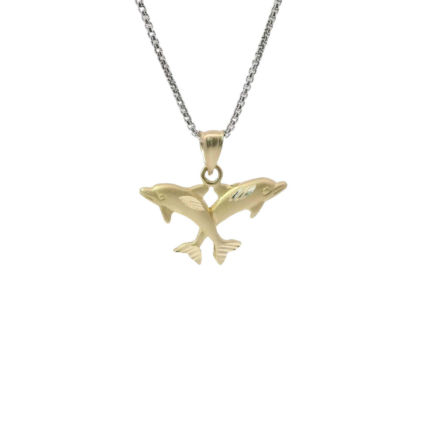 14KT Gold Charm Two Medium Jumping Dolphins with Plain Bell