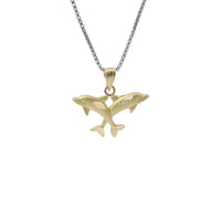 14KT Gold Charm Two Medium Jumping Dolphins with Plain Bell