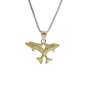 14KT Gold Charm Two Medium Jumping Dolphins with Plain Bell