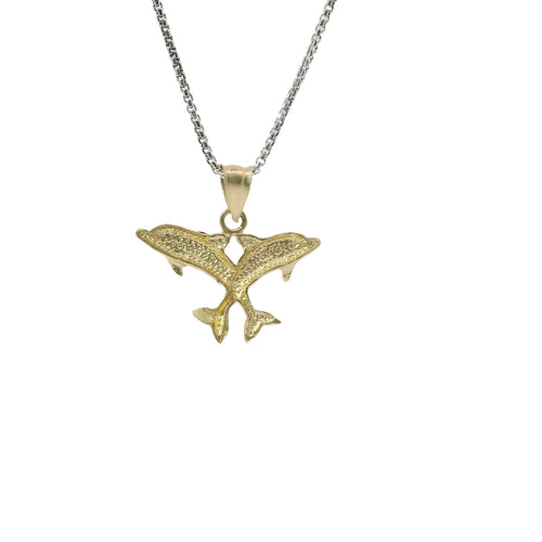 14KT Gold Charm Two Medium Jumping Dolphins with Plain Bell