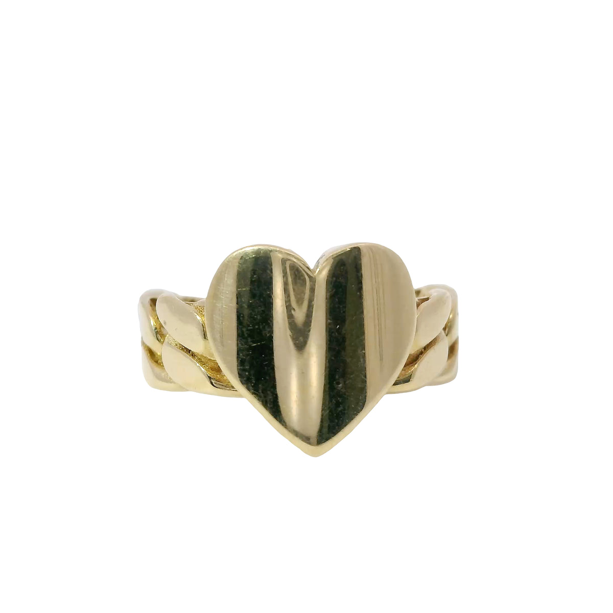 14KT Gold Ring Women's Curved Engravable Plain Heart Shape Center with Cuban Link Band