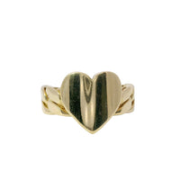 14KT Gold Ring Women's Curved Engravable Plain Heart Shape Center with Cuban Link Band