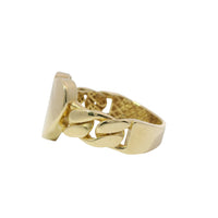 14KT Gold Ring Women's Curved Engravable Plain Heart Shape Center with Cuban Link Band