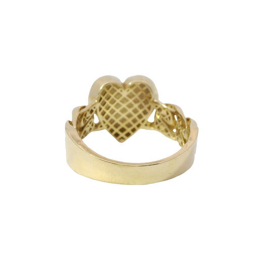 14KT Gold Ring Women's Curved Engravable Plain Heart Shape Center with Cuban Link Band