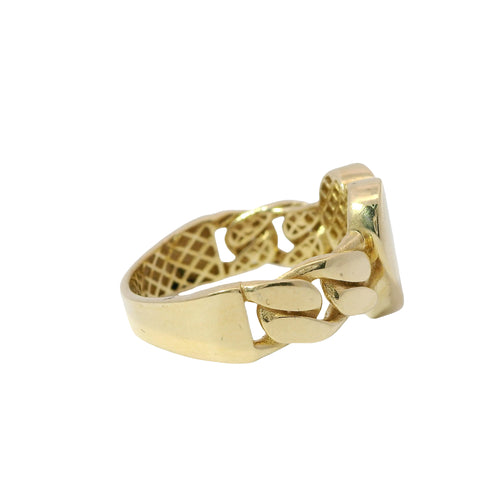 14KT Gold Ring Women's Curved Engravable Plain Heart Shape Center with Cuban Link Band