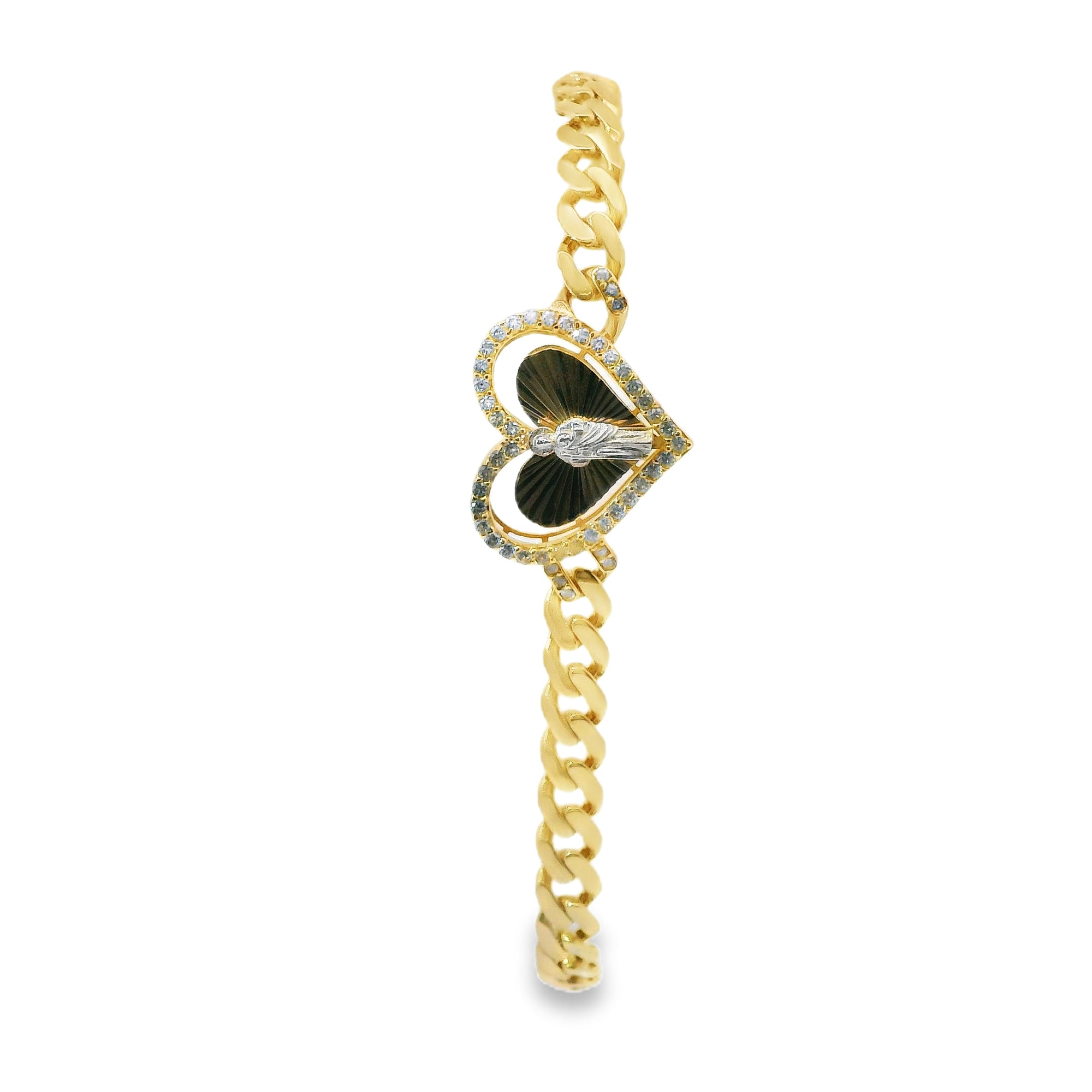 14KT Gold Bracelet Women's Single Charm Tri Tone Sunray Virgin Mary Heart with White CZ Stones Border and White CZ Stone End Cuban Link Lobster Clasp Band