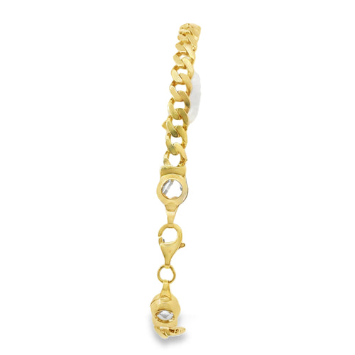 14KT Gold Bracelet Women's Single Charm Tri Tone Sunray St. Jude Heart with White CZ Stones Border and White CZ Stone End Cuban Link Lobster Clasp Band