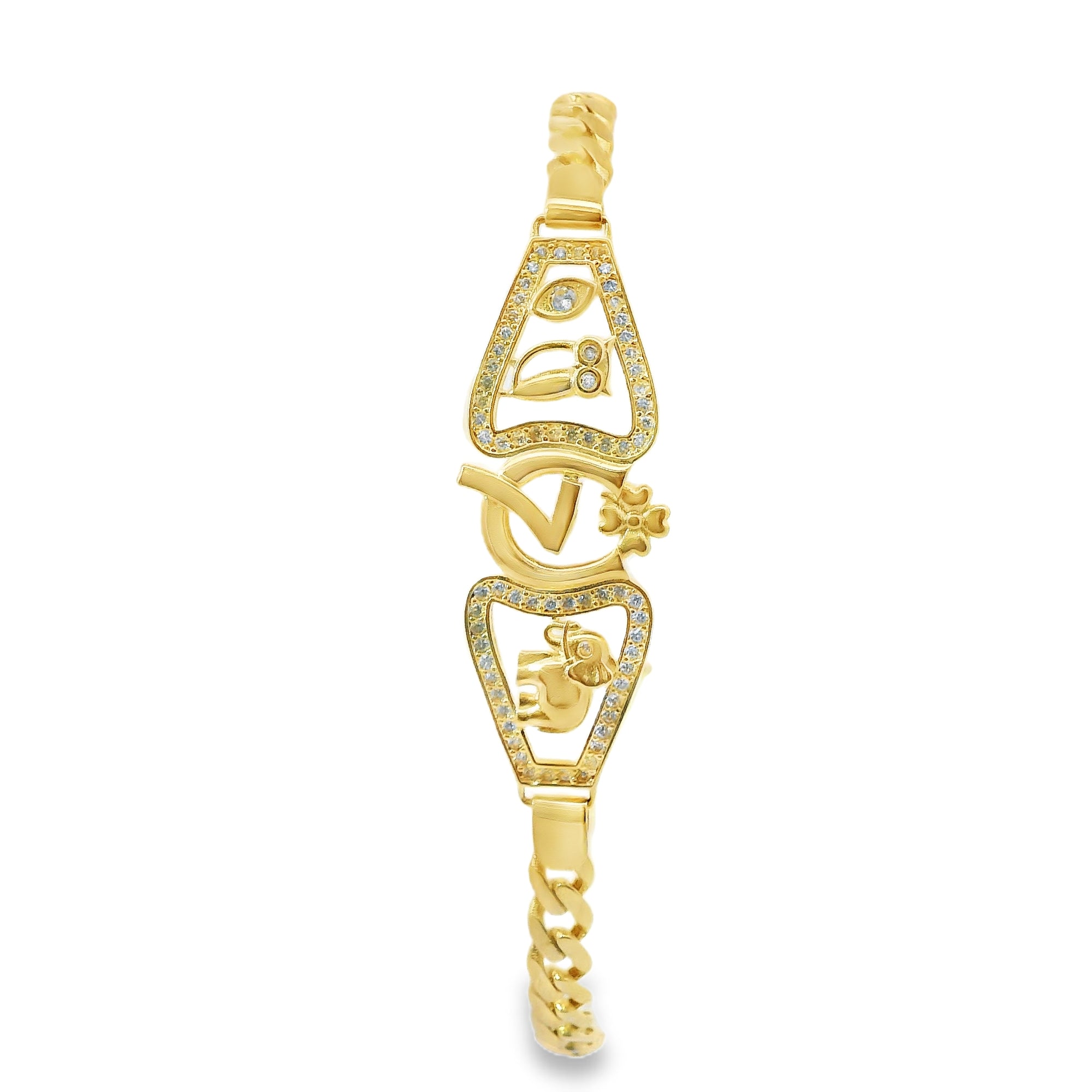 14KT Gold Bracelet Women's Lucky Plaque with Evil Eye, Owl, Horseshoe, Lucky 7, Four Leaf Clover, and Elephant with White CZ Stones Borders and White CZ Stone End Cuban Link Lobster Clasp Band