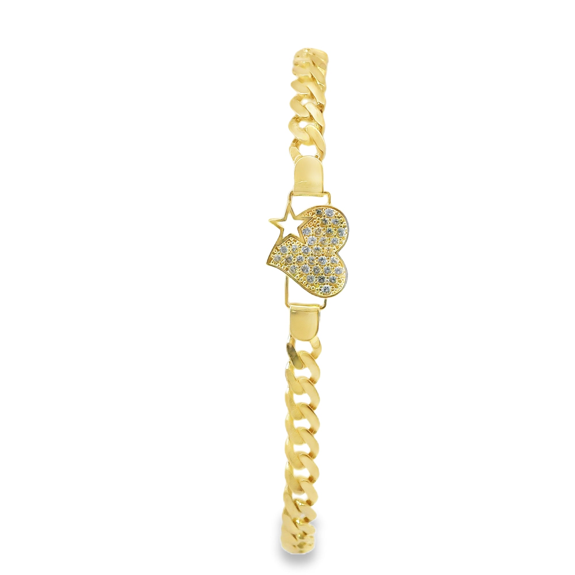 14KT Gold Bracelet Women's White CZ Stones Heart with Star Cutout and White CZ Stone End Cuban Link Lobster Clasp Band
