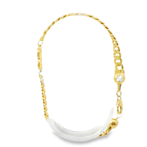 14KT Gold Bracelet Women's White CZ Stones Heart with Star Cutout and White CZ Stone End Cuban Link Lobster Clasp Band