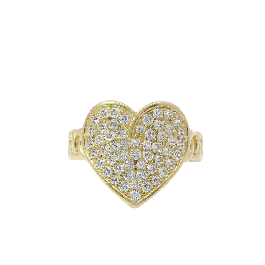 14KT Gold Ring Women's Cluster Curved White CZ Stones Heart Center with Overlapping Plain Borders and Chino Link Band