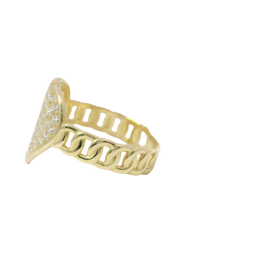 14KT Gold Ring Women's Cluster Curved White CZ Stones Heart Center with Overlapping Plain Borders and Chino Link Band