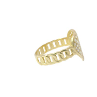 14KT Gold Ring Women's Cluster Curved White CZ Stones Heart Center with Overlapping Plain Borders and Chino Link Band