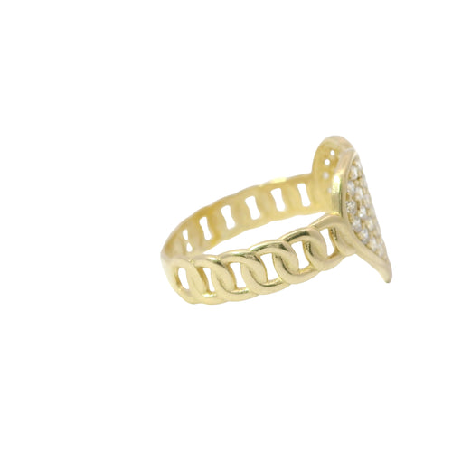 14KT Gold Ring Women's Cluster Curved White CZ Stones Heart Center with Overlapping Plain Borders and Chino Link Band