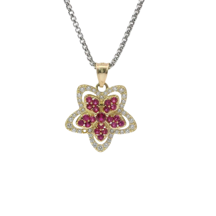 14KT Gold Charm Five Petal Dark Pink Flower with White CZ Stone Border and Plain Bell