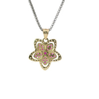 14KT Gold Charm Five Petal Dark Pink Flower with White CZ Stone Border and Plain Bell