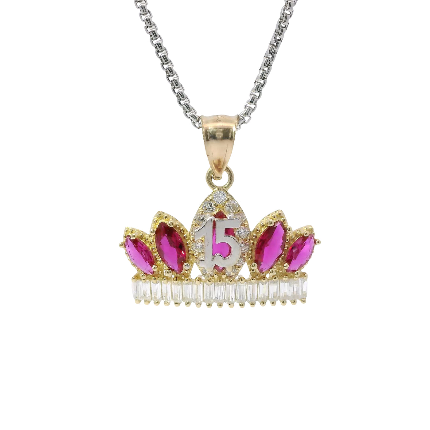 14KT Gold Charm Jumbo Two Tone Quincenaera "15" Center Dark Pink Marquise Crown with White CZ Baguette Stones Band and Plain Bell