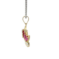 14KT Gold Charm Jumbo Two Tone Quincenaera "15" Center Dark Pink Marquise Crown with White CZ Baguette Stones Band and Plain Bell