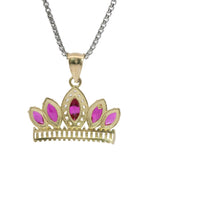 14KT Gold Charm Jumbo Two Tone Quincenaera "15" Center Dark Pink Marquise Crown with White CZ Baguette Stones Band and Plain Bell