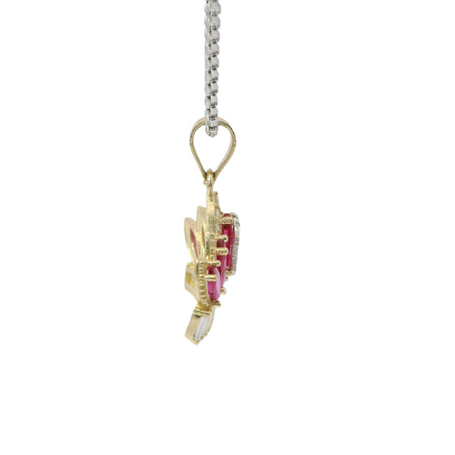 14KT Gold Charm Jumbo Two Tone Quincenaera "15" Center Dark Pink Marquise Crown with White CZ Baguette Stones Band and Plain Bell