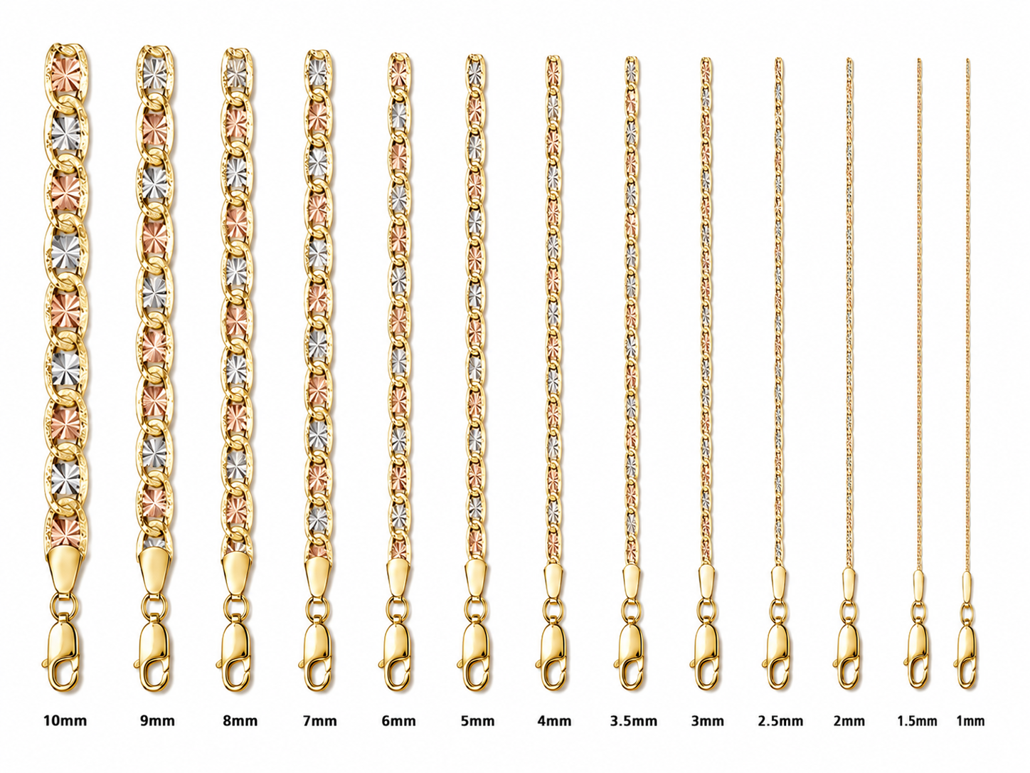 14KT Gold Chain Solid Tri Tone Heart Valentino with Diamond Cut Edge and Lobster Clasp 1mm