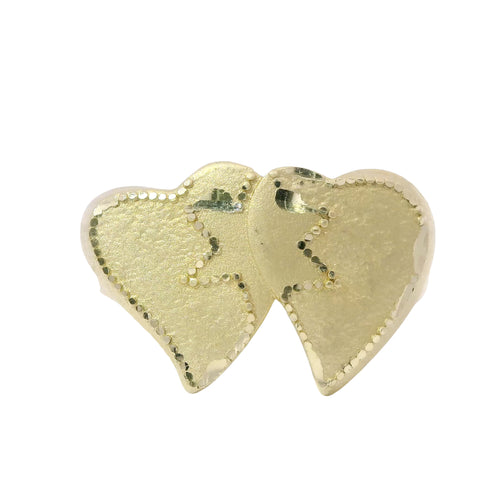 14KT Gold Ring Women's Double Heart Center Connected with Star and Plain Split Band