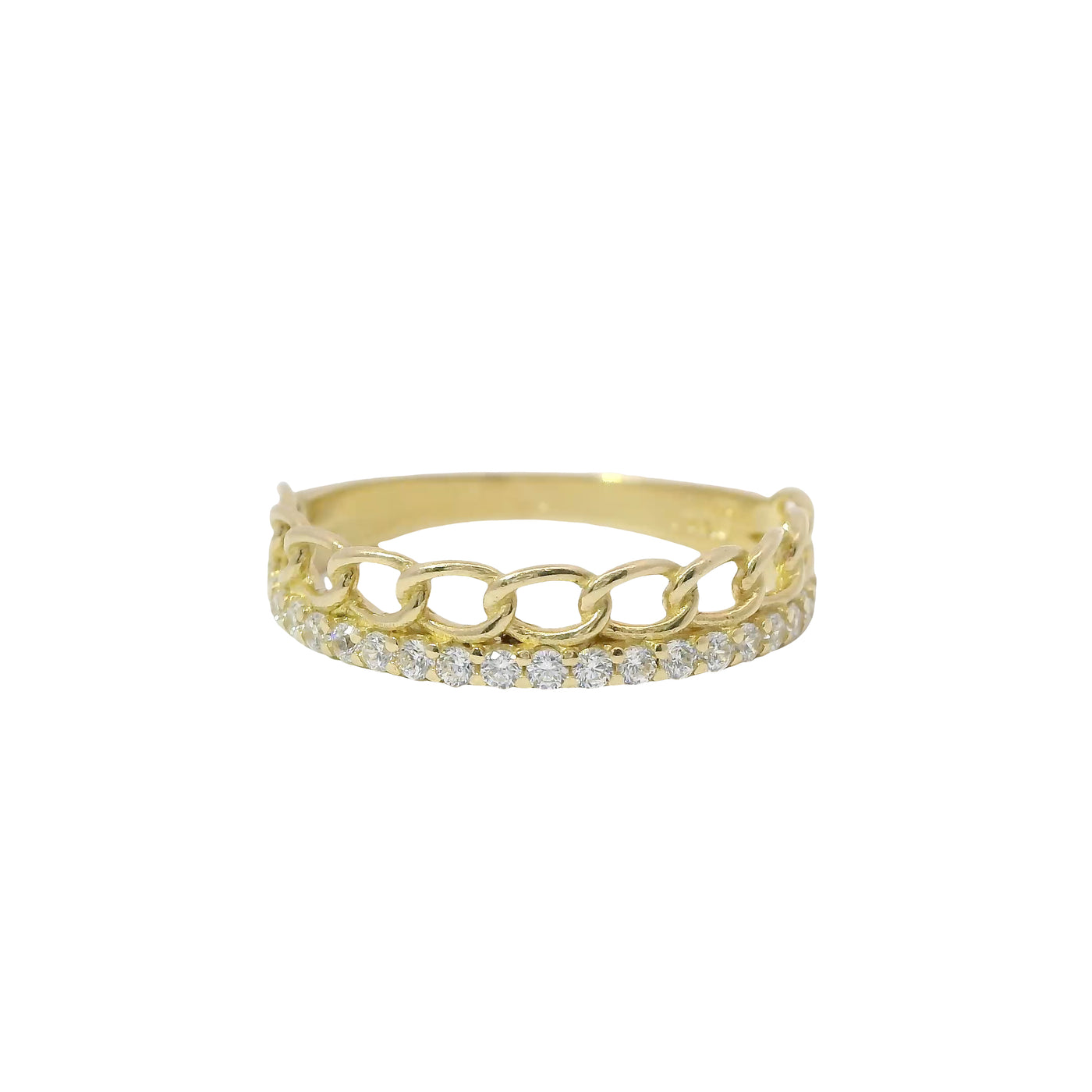 14KT Gold Ring Women's Light Weight One Chain Link and One White CZ Stone Row Band