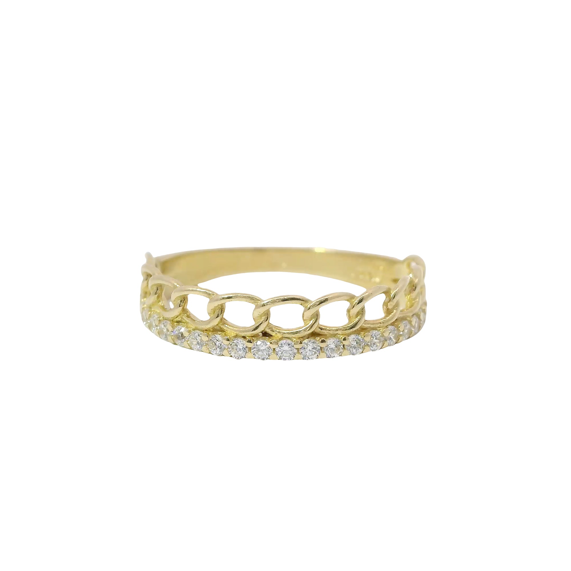 14KT Gold Ring Women's Light Weight One Chain Link and One White CZ Stone Row Band