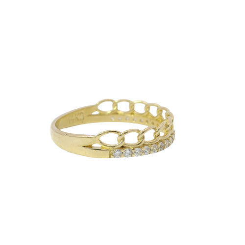14KT Gold Ring Women's Light Weight One Chain Link and One White CZ Stone Row Band