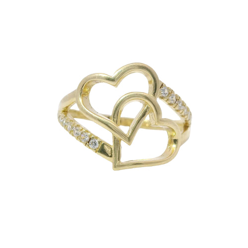 14KT Gold Ring Women's Double Tilted Open Interlocking Hearts with White CZ Stone Split Band