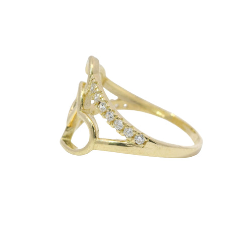 14KT Gold Ring Women's Double Tilted Open Interlocking Hearts with White CZ Stone Split Band