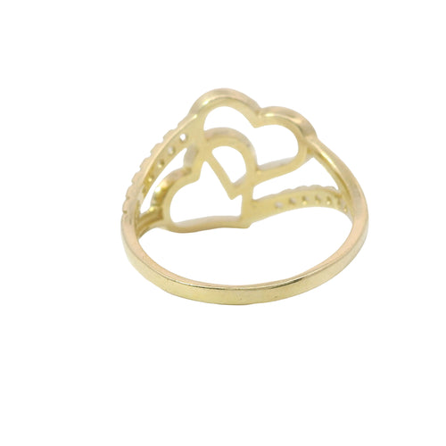14KT Gold Ring Women's Double Tilted Open Interlocking Hearts with White CZ Stone Split Band