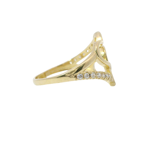 14KT Gold Ring Women's Double Tilted Open Interlocking Hearts with White CZ Stone Split Band
